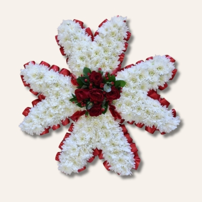 Maltese Cross funeral tribute with white chrysanthemum base, red ribbon edging and red floral focal, 22 x 22 inches, customisable colours available.