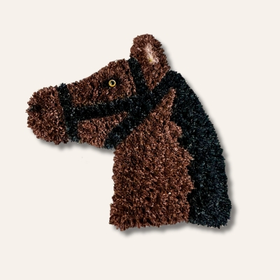 Horse’s Head funeral tribute with chrysanthemum base, spray paint detailing for halter and mane, 54 x 62 cm, horse colours can be personalised on request. 