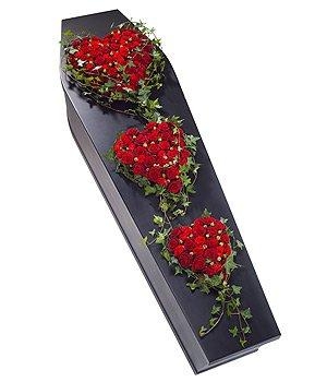 Trio of red rose heart funeral tributes in standard, medium, and large sizes.