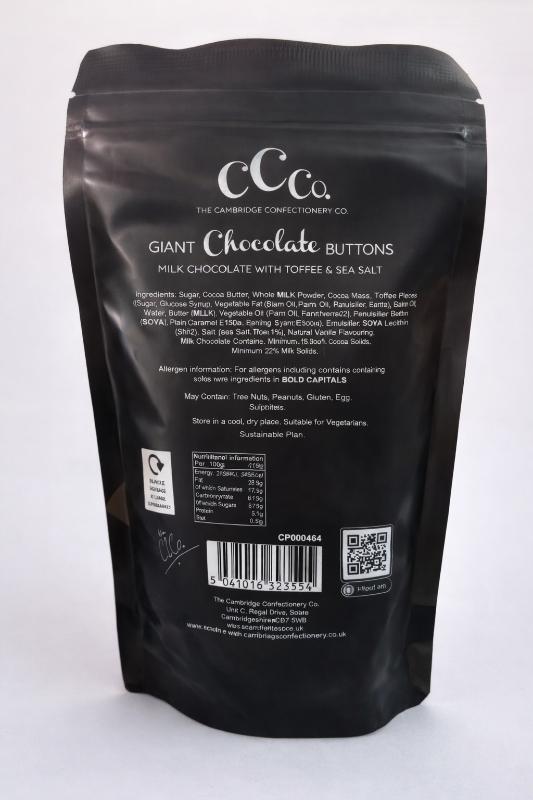 Cambridge Confectionery Company large milk chocolate buttons with toffee and sea salt – 130g bag stocked by Flowers by Bethany.