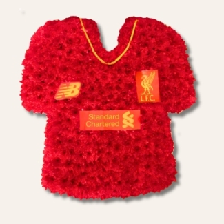 Liverpool shirt funeral tribute with fresh flower base, pipework detailing and waterproof printed badges, 21 x 21 inches, available in old and new shirt versions.