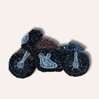Motorbike-shaped funeral tribute made with sprayed chrysanthemum, detailed with wire, rope, and ribbon, customisable with branding or names, measuring approximately 46cm high by 76cm wide.