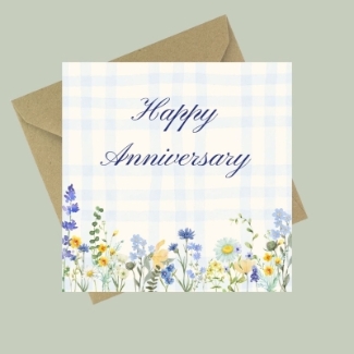 Happy Anniversary card with blue gingham background and wildflower border.
